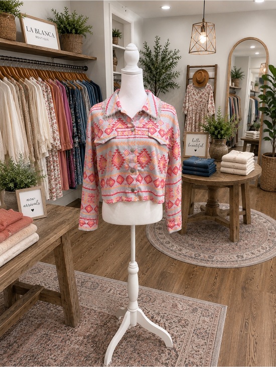 Savanna Jane Jackets & Blazers - Savanna Jane Small Gray Pink Orange Aztec Rhinestone Shacket NWT